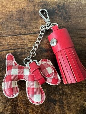 Steve Madden Red Checkered Puppy & Red Tassel Keychain or Bag Charm NWOT